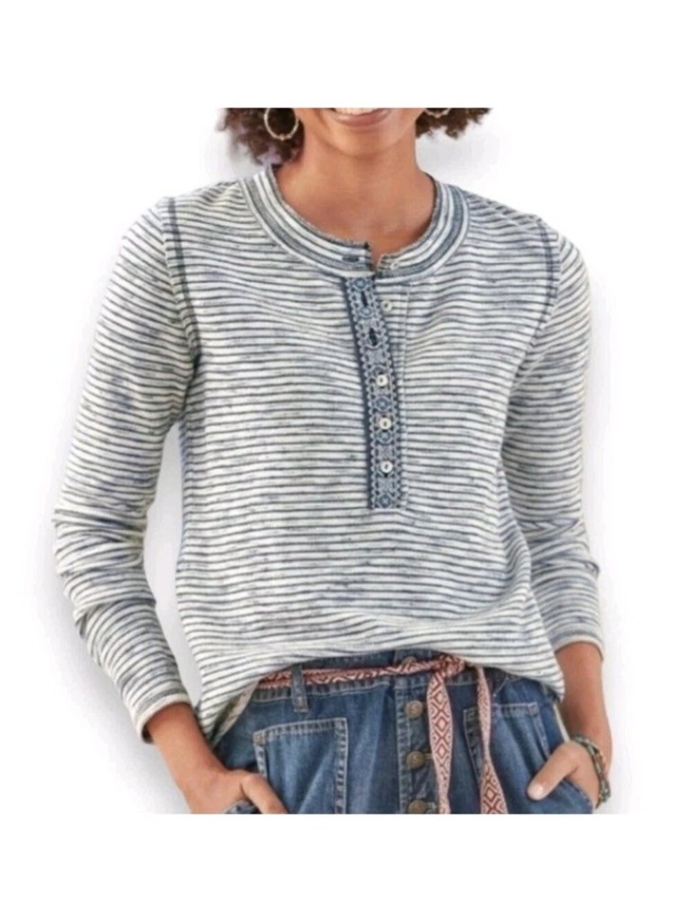 Sundance Cool Escape Henley Top Gray Blue Striped Embroidered Placket Large